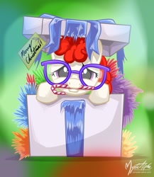 Size: 825x950 | Tagged: safe, artist:mysticalpha, twist, earth pony, pony, candy cane, christmas, female, filly, glasses, looking at you, mouth hold, pony in a box, solo