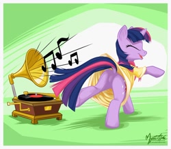 Size: 1032x899 | Tagged: safe, artist:mysticalpha, twilight sparkle, unicorn twilight, pony, unicorn, sweet and elite, birthday dress, butt, clothes, dancing, do the sparkle, dock, dress, eyes closed, featureless crotch, female, gramophone, mare, music, music notes, open mouth, open smile, plot, raised hoof, raised leg, record, record player, smiling, solo, twibutt