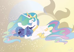 Size: 1280x905 | Tagged: safe, artist:dawnallies, princess celestia, princess luna, alicorn, pony, abstract background, cute, eyes closed, female, filly, lunabetes, mare, prone, s1 luna, sleeping, sun, woona, younger