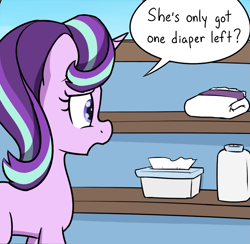 Size: 905x882 | Tagged: safe, artist:skitter, starlight glimmer, pony, unicorn, comic, cropped, dialogue, diaper, female, fetish, foal powder, foal wipes, text