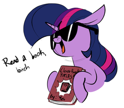 Size: 1292x1122 | Tagged: safe, artist:hattsy, twilight sparkle, pony, book, bust, dialogue, female, hoof hold, mare, open mouth, simple background, sunglasses, vulgar, white background