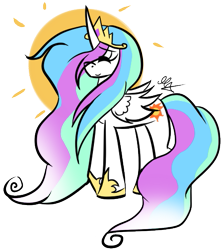 Size: 447x503 | Tagged: dead source, safe, artist:strobo-pop, princess celestia, alicorn, pony, cute, cutelestia, eyes closed, female, happy, mare, messy mane, simple background, smiling, solo, sun, transparent background