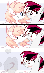 Size: 692x1156 | Tagged: safe, artist:rerorir, oc, oc:razorwing, pegasus, pony, boop, kissing