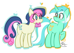 Size: 700x500 | Tagged: dead source, safe, artist:strobo-pop, bon bon, lyra heartstrings, sweetie drops, earth pony, pony, unicorn, blushing, confused, eye contact, female, heart, lesbian, love letter, lyrabon, mare, mouth hold, shipping, simple background