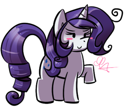 Size: 384x335 | Tagged: dead source, safe, artist:strobo-pop, rarity, pony, unicorn, blush sticker, blushing, c:, chibi, cute, female, mare, raised hoof, simple background, smiling, solo, transparent background