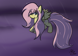 Size: 700x500 | Tagged: dead source, safe, artist:strobo-pop, fluttershy, pegasus, pony, female, flying, mare, rain, solo