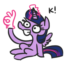 Size: 236x224 | Tagged: safe, artist:jargon scott, twilight sparkle, twilight sparkle (alicorn), alicorn, pony, cropped, female, glowing horn, hand, k, magic, magic hands, mare, reaction image, simple background, sitting, smiling, solo, white background, 👌