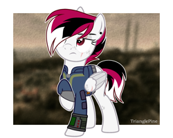 Size: 1900x1520 | Tagged: safe, artist:rerorir, oc, oc:razorwing, pegasus, pony, bandage, clothes, female, mare, simple background, solo, vault suit, white background