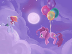 Size: 2600x1950 | Tagged: dead source, safe, artist:iamthecowboysmuggler, pinkie pie, rainbow dash, earth pony, pegasus, pony, balloon, cloud, cloudy, cute, cutie mark, eye contact, female, floating, flying, full moon, hooves, lesbian, looking at each other, lying on a cloud, mare, moon, night, night sky, on a cloud, paint tool sai, pinkiedash, prone, shipping, sky, stars, then watch her balloons lift her up to the sky, wings