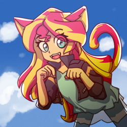 Size: 2000x2000 | Tagged: safe, artist:rockset, sunset shimmer, cat, human, equestria girls, cat ears, cat tail, catgirl, clothes, cute, cute little fangs, eared humanization, fangs, female, high res, humanized, jacket, jeans, kemonomimi, looking at you, neko, nekomimi, nyanset shimmer, pants, pawing, shimmerbetes, sky, smiling, solo, tail, tailed humanization, toothy grin