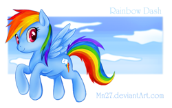 Size: 675x427 | Tagged: safe, artist:mn27, rainbow dash, pegasus, pony, blue text, female, flying, happy, mare, sky, solo