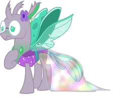 Size: 4876x4000 | Tagged: safe, artist:tentavamp, oc, oc only, oc:alata, changedling, changeling, blushing, changedling oc, changeling oc, clothes, dress, flower, gala dress, glasses, hoof on chest, iridescence, simple background, solo, transparent background