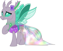 Size: 4876x4000 | Tagged: safe, artist:tentavamp, oc, oc only, oc:alata, changedling, changeling, anime eyes, blushing, changedling oc, changeling oc, clothes, dress, flower, gala dress, iridescence, simple background, solo, transparent background