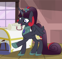 Size: 2087x2000 | Tagged: safe, artist:tentavamp, oc, oc:princess black dahlia, crystal pony, pegasus, pony, clothes, collar, crown, fake cutie mark, fake horn, jewelry, joke character, luggage, mary sue, princess, regalia, shoes, solo