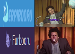 Size: 1098x792 | Tagged: safe, community related, derpibooru, drama, eric andre, furbooru, irl human, logo, meme, meta, no pony, text, vomiting, what if it was purple