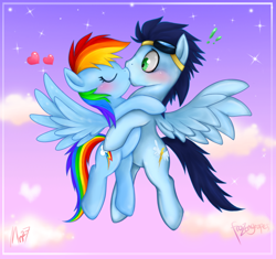 Size: 900x847 | Tagged: safe, artist:mn27, rainbow dash, soarin', pegasus, pony, blushing, cute, dashabetes, female, flying, heart, heroic, if only, kissing, male, mare, shipping, sky, soarindash, stallion, straight, surprise kiss, surprised