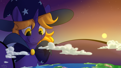 Size: 4800x2700 | Tagged: safe, artist:goat train, oc, oc:star bright, pony, unicorn, comic:growpony grow, cape, clothes, cosmic wizard, earth, giant pony, hat, macro, male, mega giant, planet, pony bigger than a planet, size difference, solo, space, wizard hat