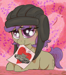 Size: 1260x1430 | Tagged: safe, artist:t72b, derpibooru exclusive, oc, oc:tenk pone, earth pony, pony, abstract background, female, helmet, holiday, looking at you, mare, mouth hold, pun, solo, tank (vehicle), valentine's day, valentine's day card, visual pun