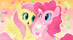 Size: 941x516 | Tagged: safe, artist:mn27, fluttershy, pinkie pie, earth pony, pegasus, pony, abstract background, female, flutterpie, happy, lesbian, mare, shipping, smiling