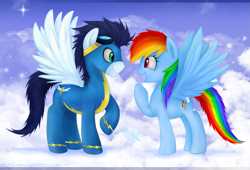 Size: 1723x1174 | Tagged: safe, artist:mn27, rainbow dash, soarin', pegasus, pony, eye contact, female, happy, looking at each other, male, mare, shipping, sky, soarindash, stallion, straight, wonderbolts