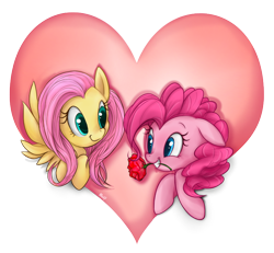 Size: 716x662 | Tagged: safe, artist:mn27, fluttershy, pinkie pie, earth pony, pegasus, pony, female, flower, flower in mouth, flutterpie, heart, lesbian, mare, mouth hold, rose, shipping, simple background, transparent background