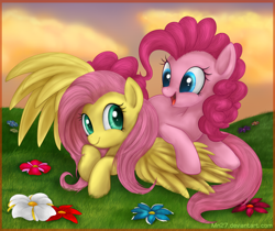 Size: 1428x1200 | Tagged: safe, artist:mn27, fluttershy, pinkie pie, earth pony, pegasus, pony, female, flower, flutterpie, grass, happy, lesbian, mare, shipping