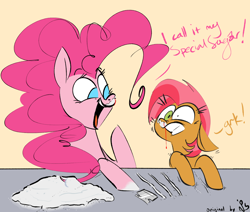 Size: 1520x1291 | Tagged: safe, artist:hattsy, babs seed, pinkie pie, earth pony, pony, blood, cocaine, corrupting the youth, dialogue, drugs, duo, female, filly, gritted teeth, mare, mismatched eyes, nosebleed, open mouth, redraw, signature, smiling, table, wide eyes