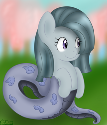 Size: 944x1097 | Tagged: safe, artist:freefraq, marble pie, lamia, original species, snake pony, cherry blossoms, flower, flower blossom, grass, solo, tree