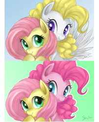 Size: 522x645 | Tagged: safe, artist:mn27, fluttershy, pinkie pie, posey, surprise, earth pony, pegasus, pony, g1, female, flutterpie, g1 to g4, generation leap, lesbian, mare, photoshop, poseyprise, shipping