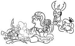 Size: 772x476 | Tagged: safe, artist:jargon scott, queen chrysalis, starlight glimmer, thorax, trixie, changedling, changeling, changeling queen, pony, unicorn, abuse, accessory theft, black and white, bug blast, bug spray, chrysabuse, crying, female, gas mask, grayscale, hoof hold, king thorax, male, mare, mask, monochrome, pesticide, prone, punish the villain, simple background, smiling, tongue out, white background