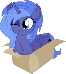 Size: 6248x7029 | Tagged: safe, artist:cyanlightning, princess luna, alicorn, pony, .svg available, :3, absurd resolution, behaving like a cat, box, chest fluff, cute, ear fluff, female, if i fits i sits, lunabetes, mare, missing accessory, pony in a box, s1 luna, simple background, solo, transparent background, vector