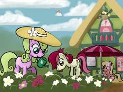 Size: 1600x1200 | Tagged: safe, artist:why485, daisy, derpy hooves, flower wishes, honey rays, honeysuckle, lily, lily valley, roseluck, earth pony, pegasus, pony, female, flower, flower trio, mare, mouth hold, peeking, rose, watering can