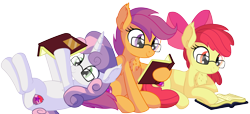 Size: 4000x1821 | Tagged: safe, artist:cyanlightning, apple bloom, scootaloo, sweetie belle, earth pony, pegasus, pony, unicorn, adorabloom, book, bow, chest fluff, cute, cutealoo, cutie mark crusaders, diasweetes, dork, female, filly, glasses, hair bow, hoof hold, reading, simple background, transparent background, trio, vector