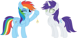 Size: 10587x5279 | Tagged: safe, artist:cyanlightning, rainbow dash, rarity, pegasus, pony, unicorn, .svg available, absurd resolution, alternate hairstyle, chest fluff, duo, ear fluff, folded wings, holding, hypnosis, looking at you, one eye closed, pendulum swing, pocket watch, simple background, swirly eyes, tongue out, transparent background, vector, wings, wink