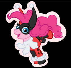 Size: 755x723 | Tagged: dead source, safe, artist:alienfirst, pinkie pie, earth pony, pony, abstract background, batman, cosplay, crossover, female, harley quinn, mare, solo