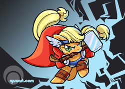 Size: 1000x717 | Tagged: safe, artist:alienfirst, applejack, earth pony, pony, clothes, cosplay, costume, crossover, female, gradient background, hammer, mare, marvel, mouth hold, solo, thor, weapon