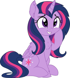 Size: 3152x3500 | Tagged: safe, artist:cyanlightning, artist:slb94, twilight sparkle, twilight sparkle (alicorn), alicorn, pony, alternate hairstyle, chest fluff, cute, female, mare, raised hoof, simple background, sitting, smiling, solo, transparent background, twiabetes, vector