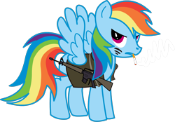 Size: 1550x1080 | Tagged: dead source, safe, artist:miketheuser, rainbow dash, pegasus, pony, ar15, cigarette, clothes, eye black (makeup), face paint, female, frown, gun, m16, mare, simple background, smoking, solo, transparent background, weapon, wingboner