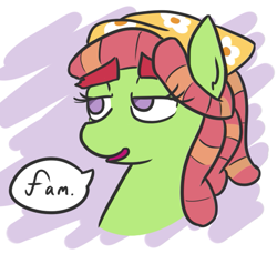 Size: 535x491 | Tagged: safe, artist:jargon scott, tree hugger, earth pony, pony, bandana, bust, dialogue, dreadlocks, fam, female, mare, solo, speech bubble