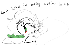 Size: 1099x692 | Tagged: dead source, safe, artist:hattsy, oc, oc:marshmallow, pony, beauty mark, bowl, eating, explicit source, eyes closed, food, lettuce, lipstick, open mouth, partial color, prone, vulgar