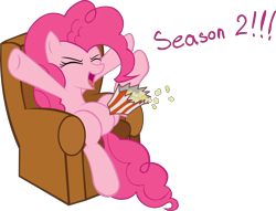 Size: 3229x2471 | Tagged: safe, artist:miketheuser, pinkie pie, earth pony, pony, chair, eyes closed, female, high res, mare, popcorn, simple background, solo, transparent background