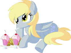 Size: 7443x5555 | Tagged: safe, artist:cyanlightning, derpy hooves, pegasus, pony, .svg available, absurd resolution, chest fluff, cute, derpabetes, ear fluff, female, folded wings, food, mare, milkshake, muffin, simple background, sitting, solo, that pony sure does love muffins, transparent background, vector, wings