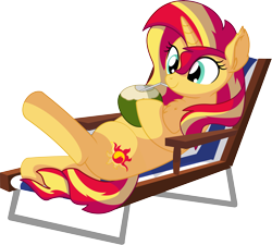 Size: 6922x6228 | Tagged: safe, artist:cyanlightning, sunset shimmer, pony, unicorn, .svg available, absurd resolution, chair, chest fluff, coconut, coconut cup, cute, drinking, drinking straw, ear fluff, female, food, mare, on back, simple background, sitting, smiling, solo, straw, transparent background, vector