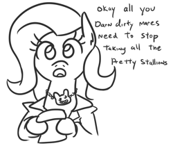 Size: 625x526 | Tagged: safe, artist:jargon scott, fluttershy, pegasus, pony, black and white, chris chan, dialogue, female, grayscale, jewelry, looking at you, mare, monochrome, necklace, open mouth, simple background, solo, white background