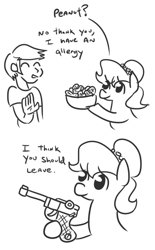 Size: 428x690 | Tagged: safe, artist:jargon scott, oc, oc only, oc:brownie bun, earth pony, human, pony, black and white, comic, dialogue, duo, female, grayscale, gun, handgun, hoof hold, human male, luger, male, mare, monochrome, parody, peanut, pistol, simple background, weapon, white background