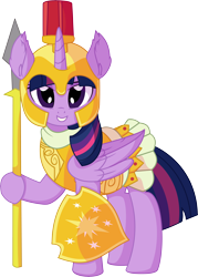 Size: 5516x7718 | Tagged: safe, artist:cyanlightning, twilight sparkle, twilight sparkle (alicorn), alicorn, pony, scare master, absurd resolution, armor, armor skirt, athena, athena sparkle, beautiful, clothes, costume, cute, female, looking at you, mare, nightmare night, nightmare night costume, shield, simple background, skirt, smiling, smug, solo, spear, transparent background, vector, weapon
