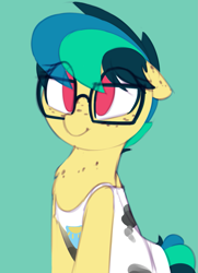Size: 911x1260 | Tagged: safe, artist:shinodage, oc, oc only, oc:apogee, pegasus, pony, chest fluff, clothes, cute, cuteness overload, diageetes, eye clipping through hair, female, filly, floppy ears, freckles, glasses, hnnng, no pupils, ocbetes, shinodage is trying to murder us, solo, tanktop, weapons-grade cute