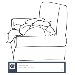 Size: 1710x1710 | Tagged: safe, artist:expression2, pony, cuddling, lineart, monochrome, request, sofa, solo, tumblr
