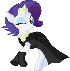 Size: 6525x6621 | Tagged: safe, artist:cyanlightning, rarity, pony, unicorn, the gift of the maud pie, .svg available, absurd resolution, alternate hairstyle, audrey hepburn, black dress, breakfast at tiffany's, clothes, cute, dress, elegant, evening gloves, female, gloves, gown, holly golightly, jewelry, jewels, little black dress, long gloves, looking at you, mare, necklace, one eye closed, pearl necklace, raribetes, simple background, smiling, smiling at you, solo, svg, tiara, transparent background, vector, wink