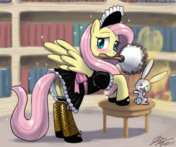 Size: 1200x1000 | Tagged: safe, artist:johnjoseco, angel bunny, fluttershy, pegasus, pony, blushing, clothes, dust, duster, female, fishnet stockings, fluttermaid, maid, mare, mouth hold, photoshop, plot